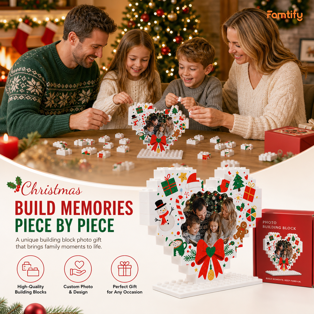 Personalized Photo Heart Building Block in White & Red Bow, Custom Family Picture Snowman & Gingerbread Xmas Brick Puzzle Keepsake Decor, Festive Christmas Desk Gift