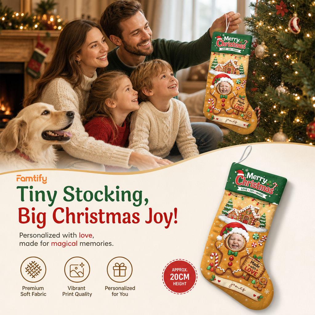 Personalized Made with Love Gingerbread Christmas Stocking with Custom Photo