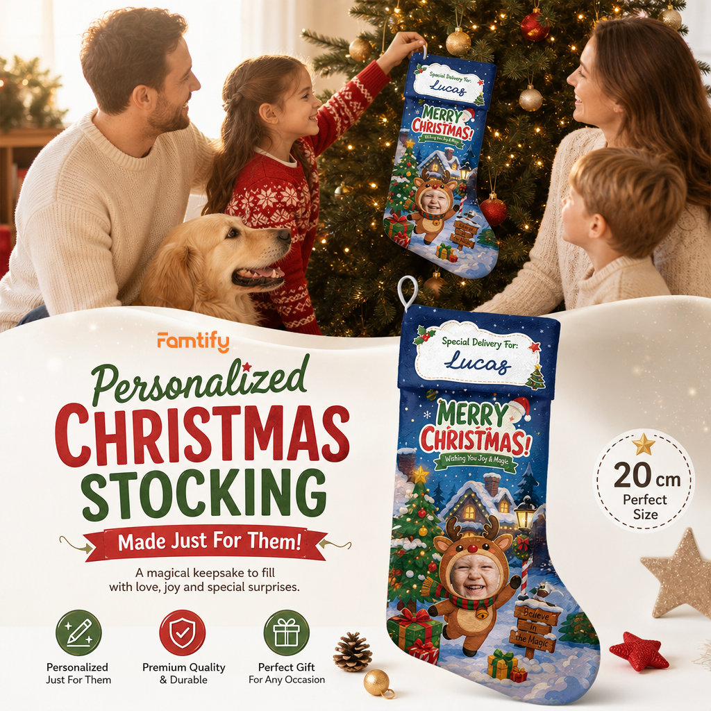 Personalized Wishing You Joy & Magic Christmas Stocking, Custom Photo Holiday Gift