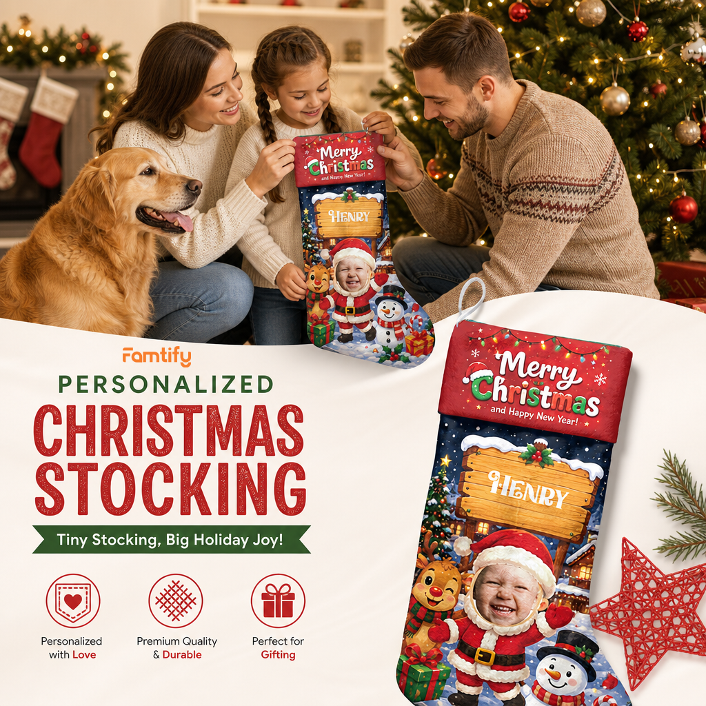 Personalized Cute Santa Claus Christmas Stocking, Custom Photo Holiday Gift