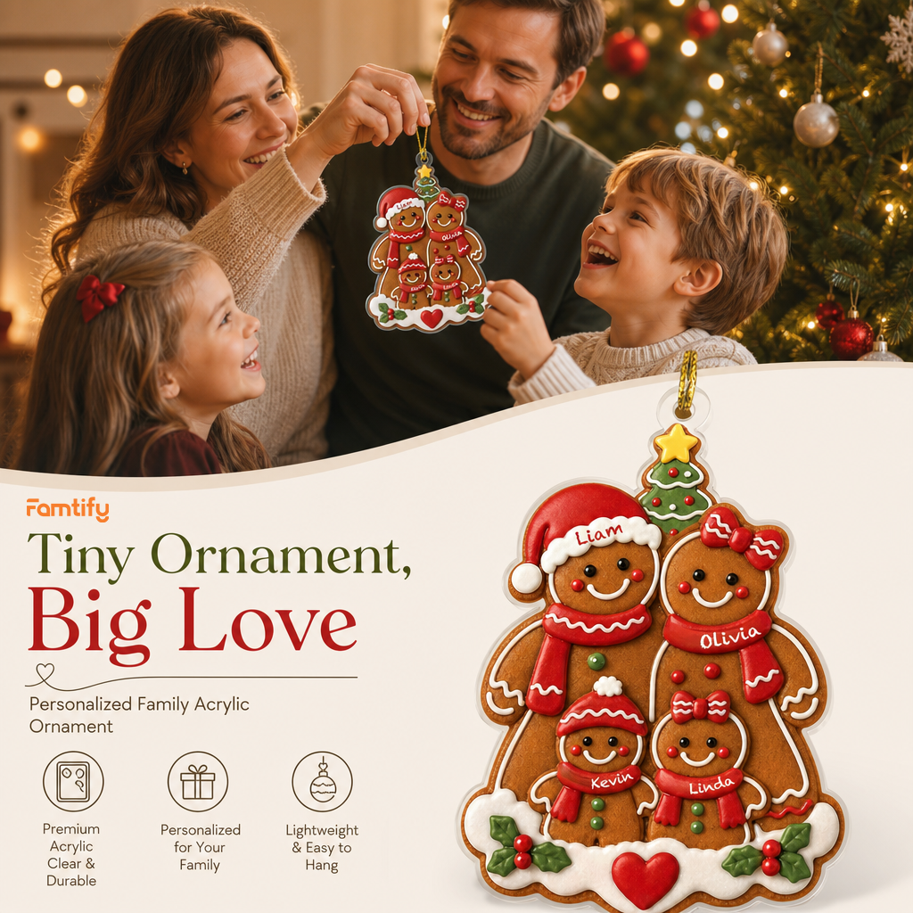 Personalized Gingerbread Family Acrylic Christmas Ornament, Custom Name Holiday Gift