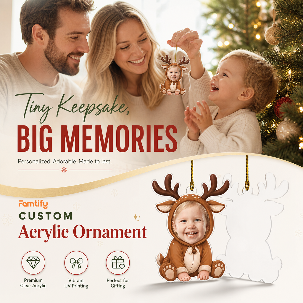 Personalized Cute Reindeer Acrylic Christmas Ornament, Custom Photo Holiday Gift