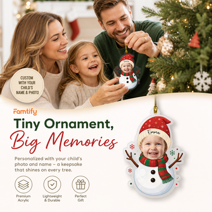 Personalized Cute Snowman Acrylic Christmas Ornament, Custom Photo Holiday Gift