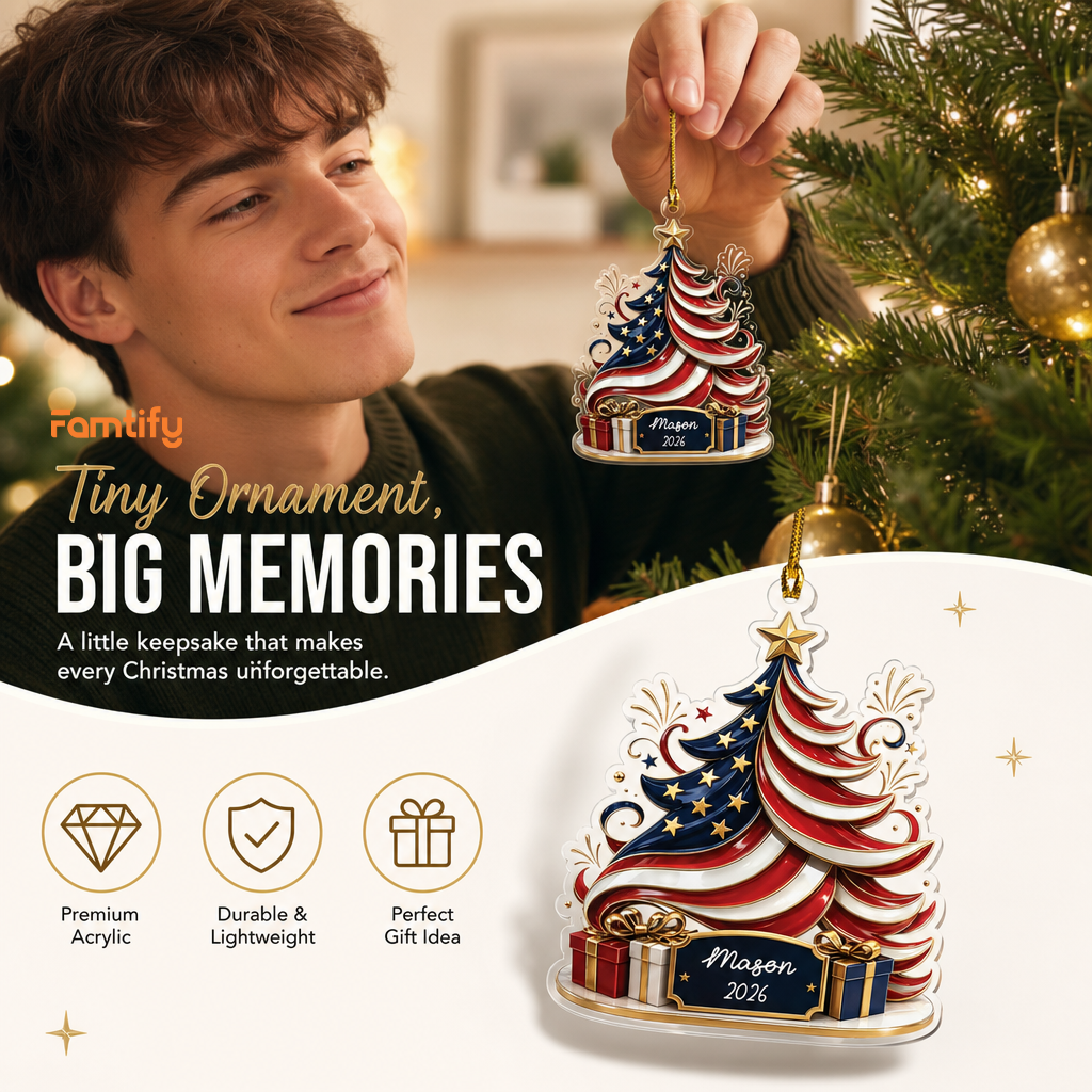 Personalized American Flag Christmas Tree Acrylic Ornament with Custom Name