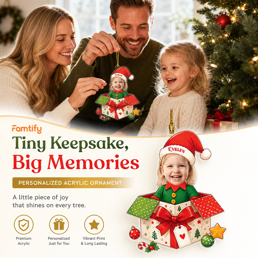 Personalized Kids Gift Box Acrylic Christmas Ornament, Custom Photo Holiday Gift