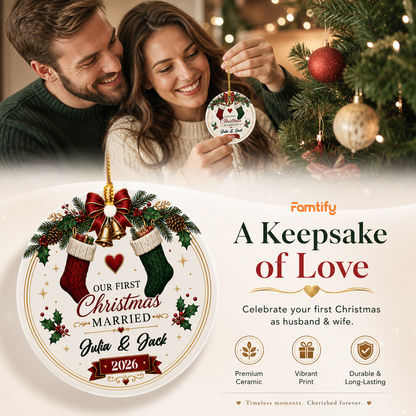 Personalized Our First Christmas Married Ceramic Ornament, Custom Name Wedding Christmas Gift