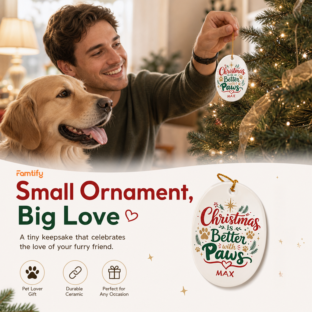 Personalized Christmas Is Better with Paws Oval Ceramic Ornament, Custom Name Pet Christmas Gift