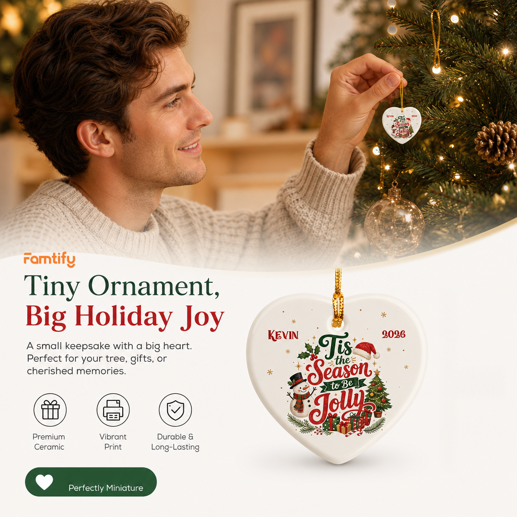 Personalized Tis the Season to Be Jolly Heart Ceramic Ornament, Custom Name Christmas Gift