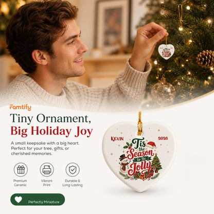Personalized Tis the Season to Be Jolly Heart Ceramic Ornament, Custom Name Christmas Gift