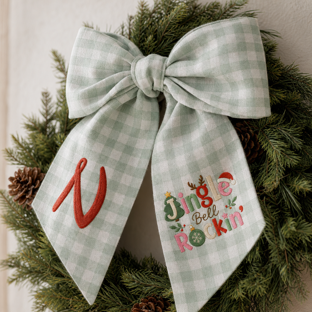 Custom Monogram Jingle Bell Rockin' Embroidered Linen Door Wreath Sash, Personalized Initial Festive Typography Reindeer Santa Hat Holiday Wreath Sash & Front Door Decor