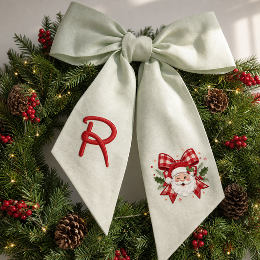 Custom Monogram Vintage Santa Embroidered Christmas Wreath with Sash, Personalized Initial Red Gingham Bow Santa Holiday Wreath & Front Door Decor