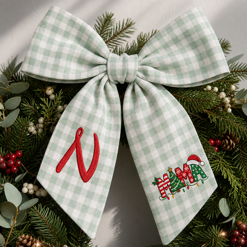 Custom Monogram Mama Embroidered Linen Door Wreath Sash, Personalized Initial Christmas Tree Lights Santa Hat Typography Holiday Wreath Sash & Front Door Decor