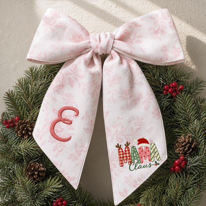Custom Monogram Mama Claus Embroidered Linen Door Wreath Sash, Personalized Initial Santa Hat Reindeer Festive Typography Holiday Wreath Sash & Front Door Decor