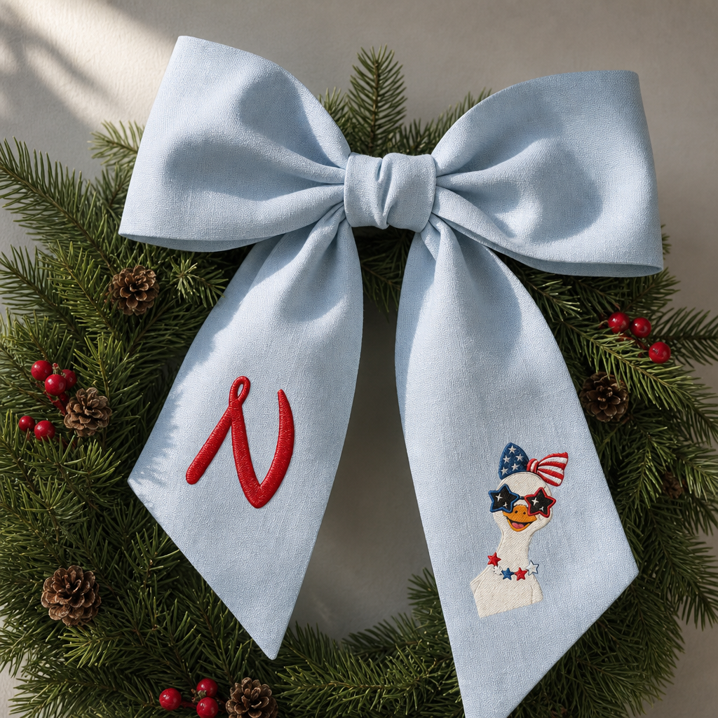 Custom Monogram Patriotic Goose Embroidered Linen Door Wreath Sash, Personalized Initial Bow Goose Gingham Holiday Wreath Sash & Front Door Decor