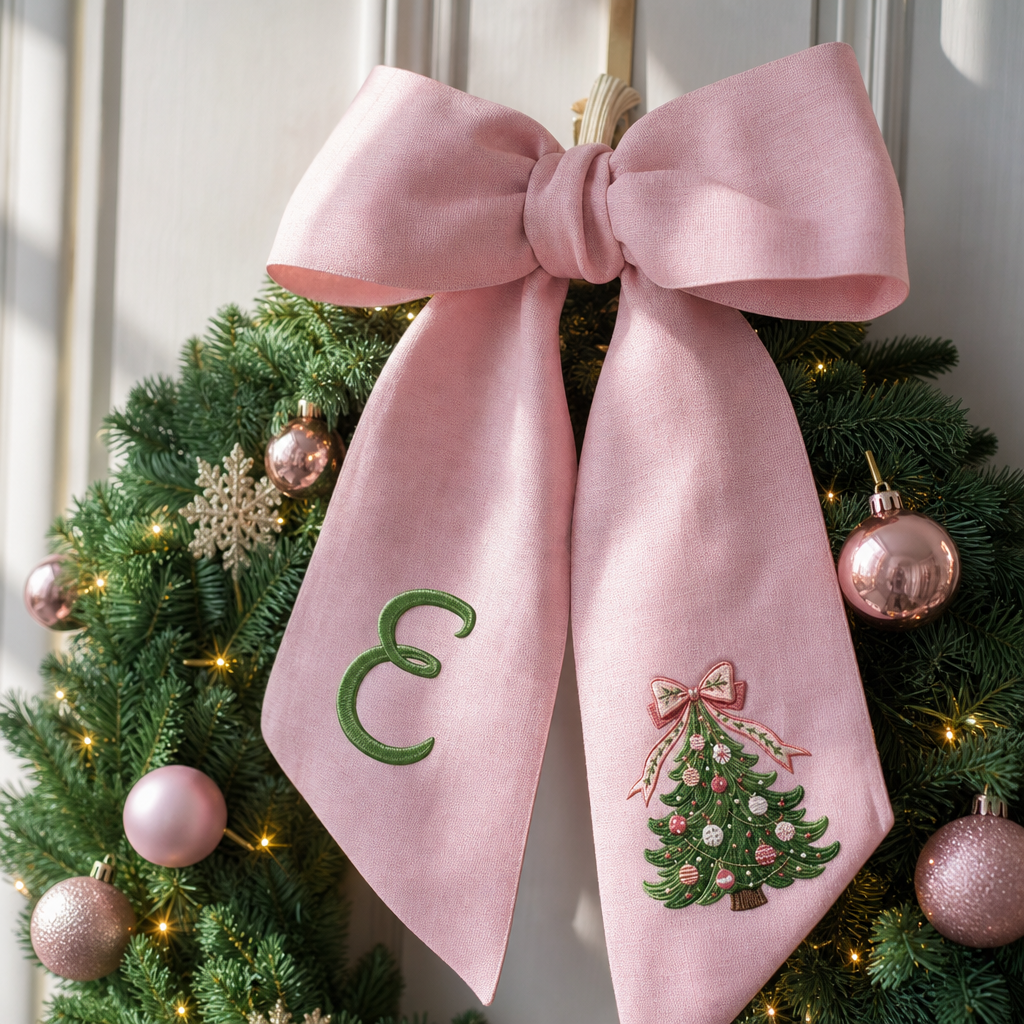 Custom Monogram Christmas Tree Embroidered Linen Door Wreath Sash, Personalized Initial Pink Bow Pine Tree Holiday Wreath Sash & Front Door Decor