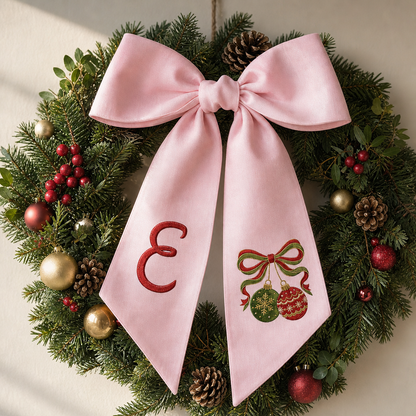 Custom Monogram Christmas Ornaments Embroidered Linen Door Wreath Sash, Personalized Initial Red Green Baubles Ribbon Holiday Wreath Sash & Front Door Decor