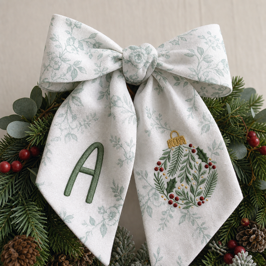 Personalized Monogram Christmas Bauble Embroidered Linen Door Wreath Sash, Custom Initial Botanical Holiday Wreath Bow Sash Decor, Festive Front Door Home Accessories