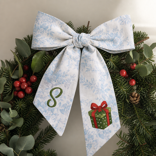 Personalized Monogram Christmas Gift Box Bow, Custom Initial Holiday Tree Topper & Hair Ribbon