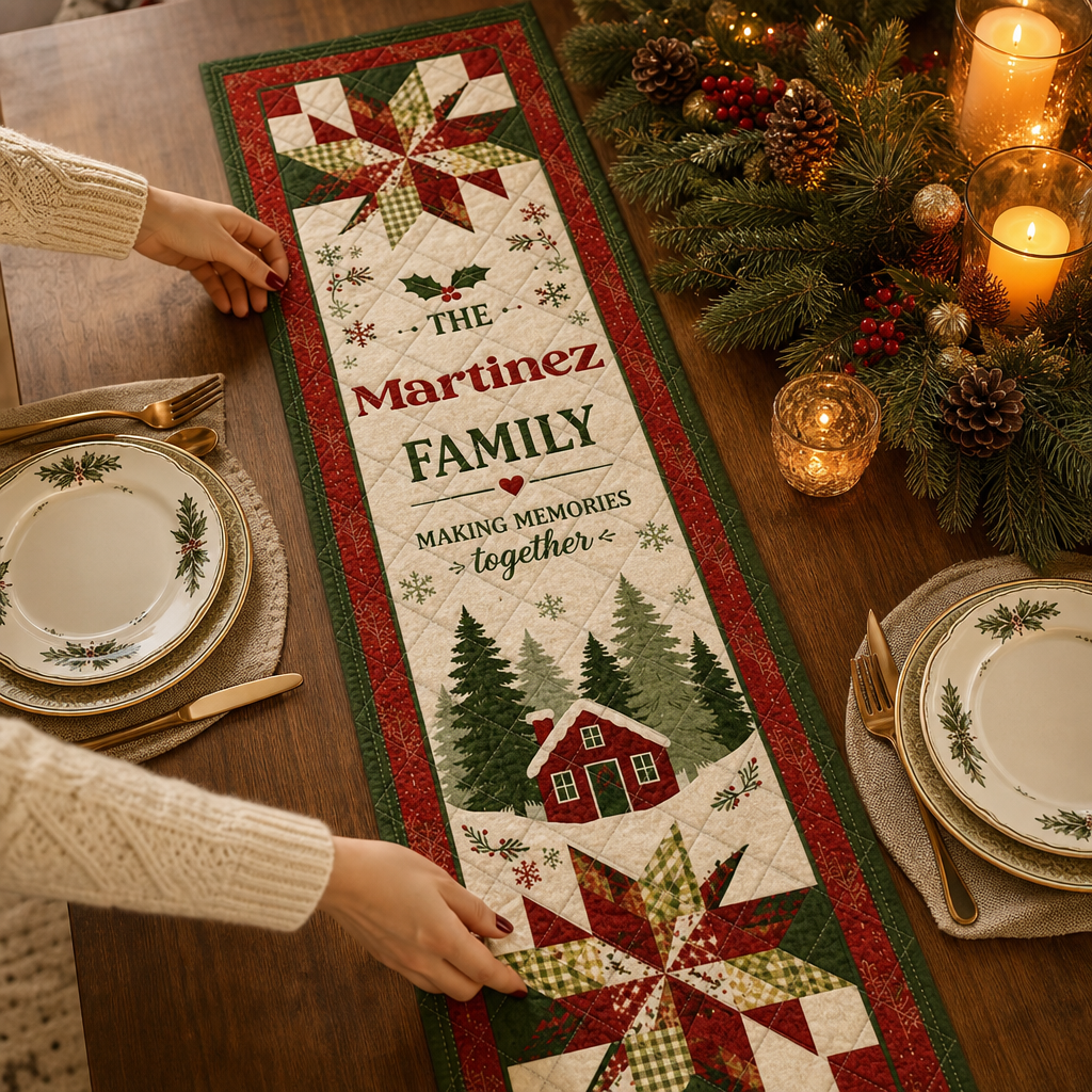 Personalized Family Name Rustic Star & Cabin Quilt Table Runner, Custom Barn Star Quilted Table Topper Decor, Vintage Farmhouse Holiday Dining Table Runner
