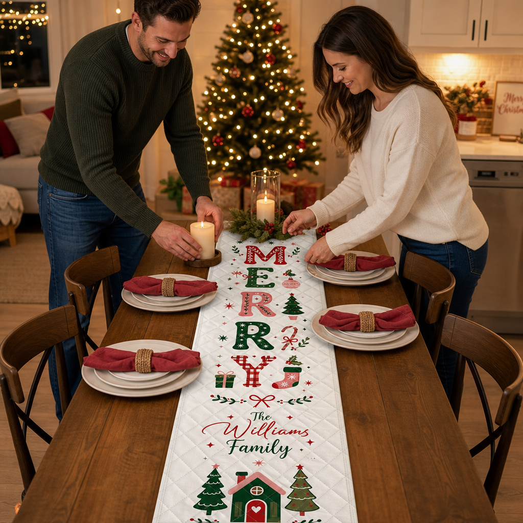 Personalized Family Name Vertical MERRY Christmas Quilt Table Runner, Custom Whimsical Holiday Icon Quilted Table Runner Decor, Festive Dining Room Table Topper