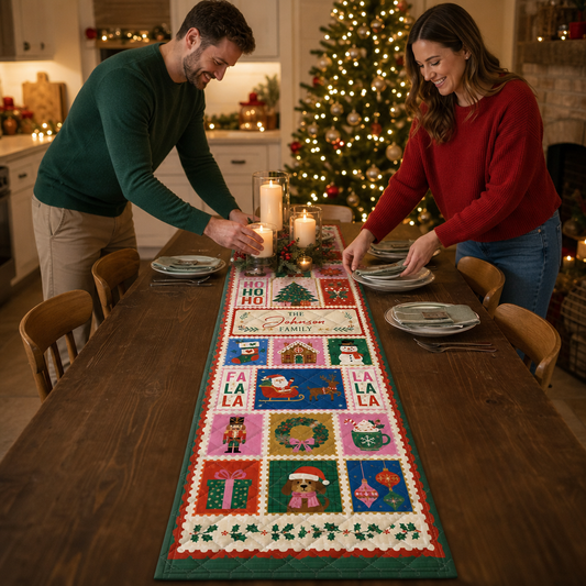 Couple setting candles on a colorful Christmas stamps quilted runner on a long farmhouse table