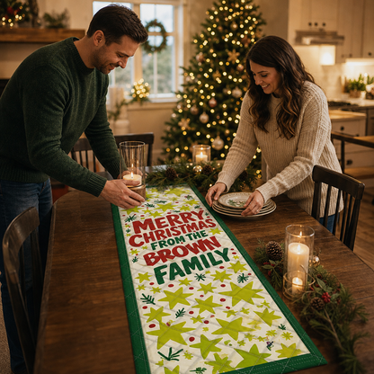 Personalized Family Name Golden Stars Christmas Quilt Table Runner, Custom Retro Typography Quilted Table Runner Decor, Festive Holiday Dining Room Table Topper