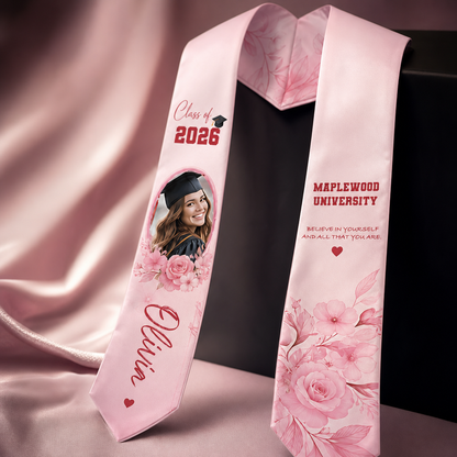 Personalized Pink Floral Graduation Stole – Custom Name
