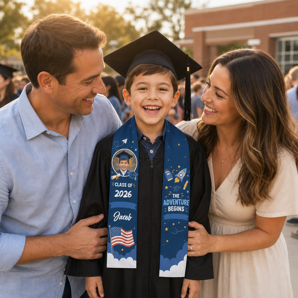 Personalized The Adventure Begins Kid Graduation Stole – Custom Name