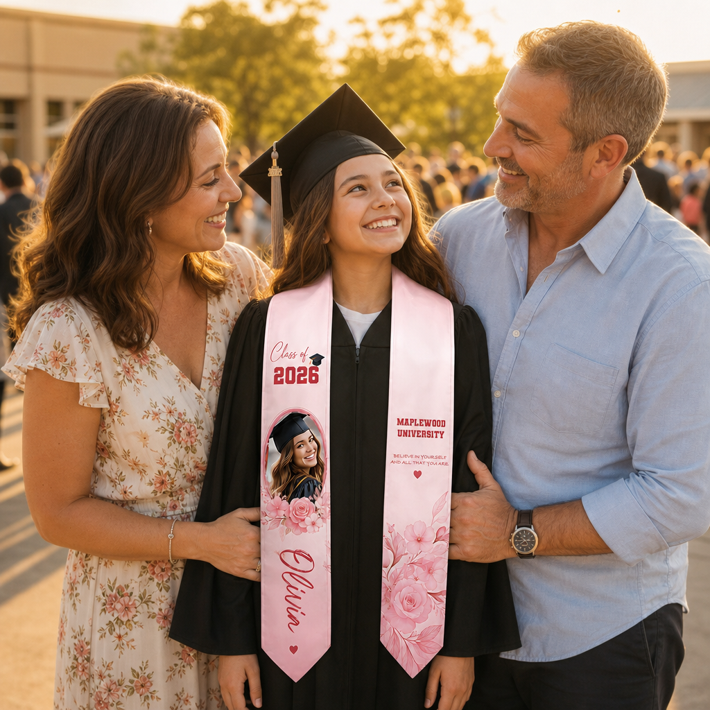 Personalized Pink Floral Graduation Stole – Custom Name