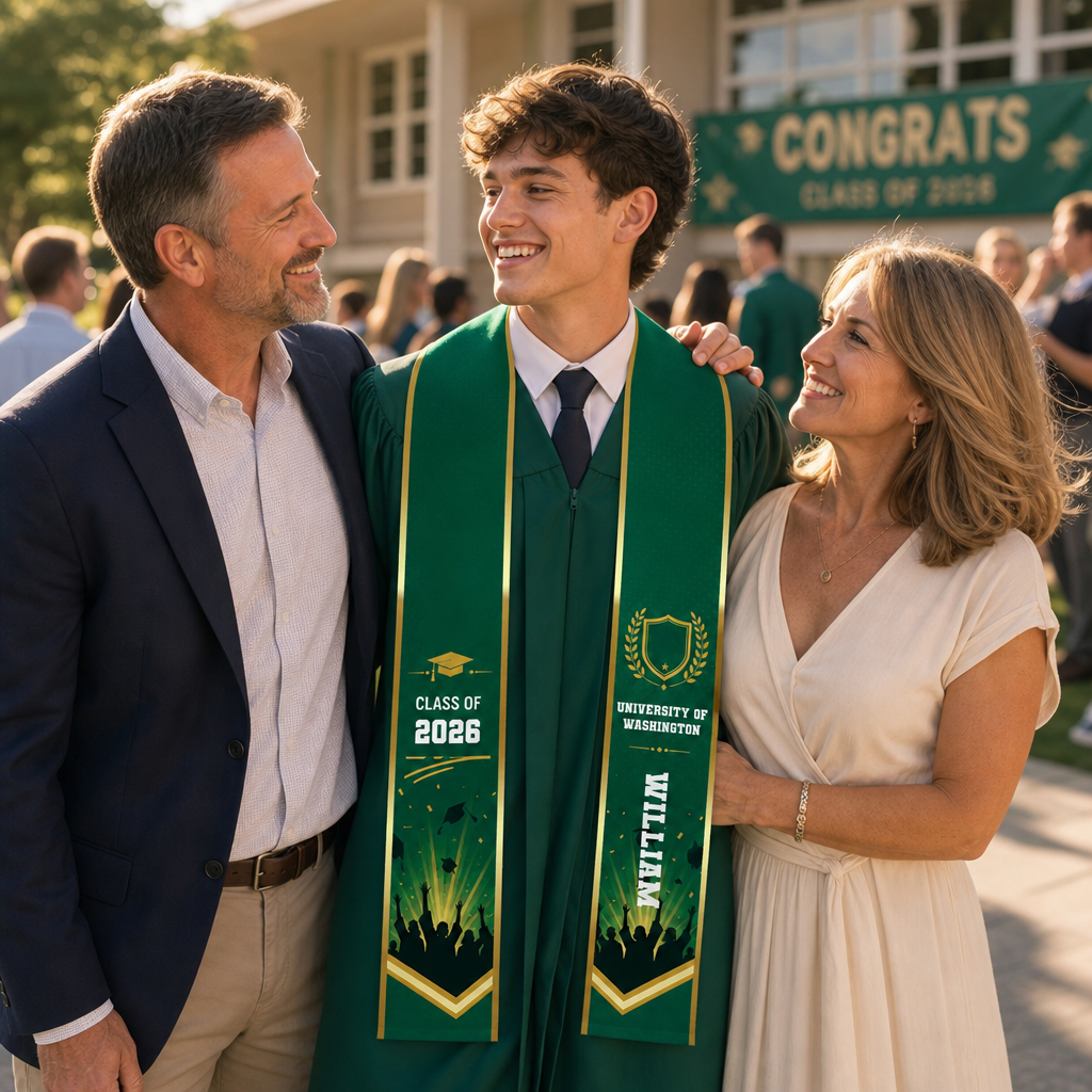 Personalized Green Graduation Stole with Graduation Cap – Custom Name