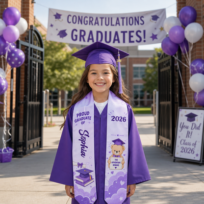 Personalized The Adventure Begins Purple Kid Graduation Stole – Custom Name