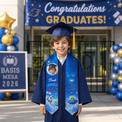 Personalized Blue Rocket Kid Graduation Stole – Custom Name