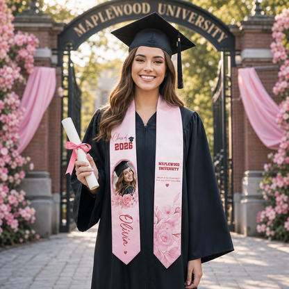 Personalized Pink Floral Graduation Stole – Custom Name