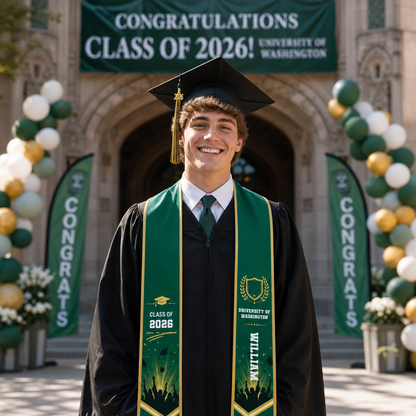Personalized Green Graduation Stole with Graduation Cap – Custom Name