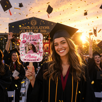 The Future Is Mine Pink Custom Shape Photo Hand Fan with Photo, Name Graduation Party Fan