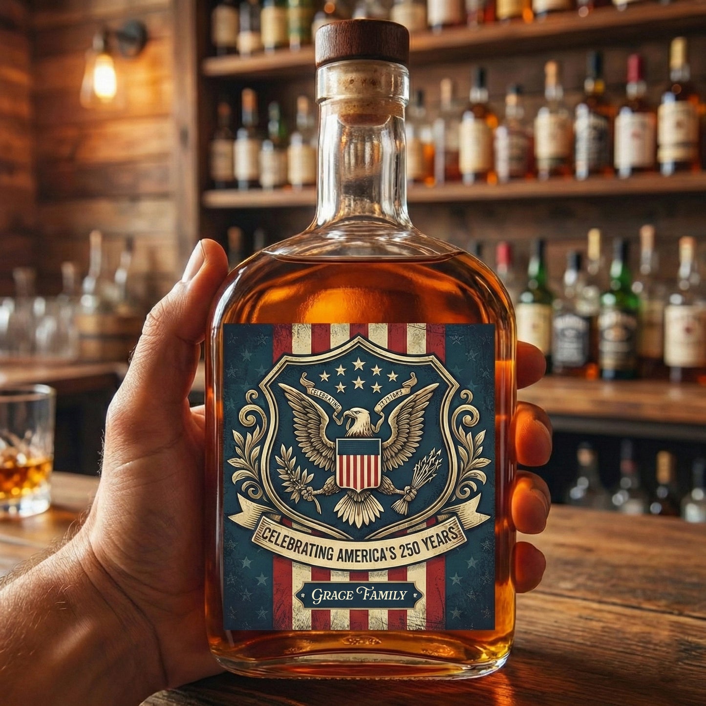 Happy 250th Birthday America Flag Whiskey Bottle
