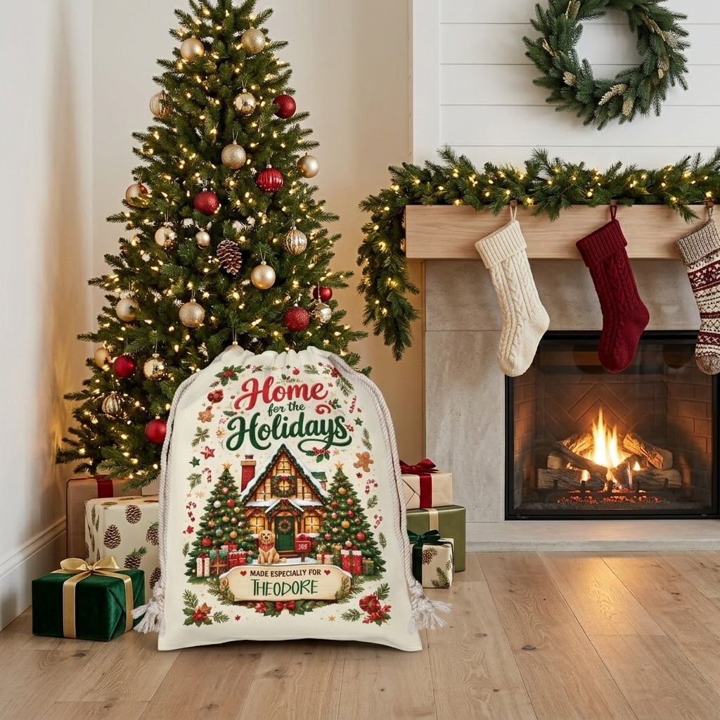 Personalized Home for the Holidays Christmas Sack, Custom Name Santa Gift Bag