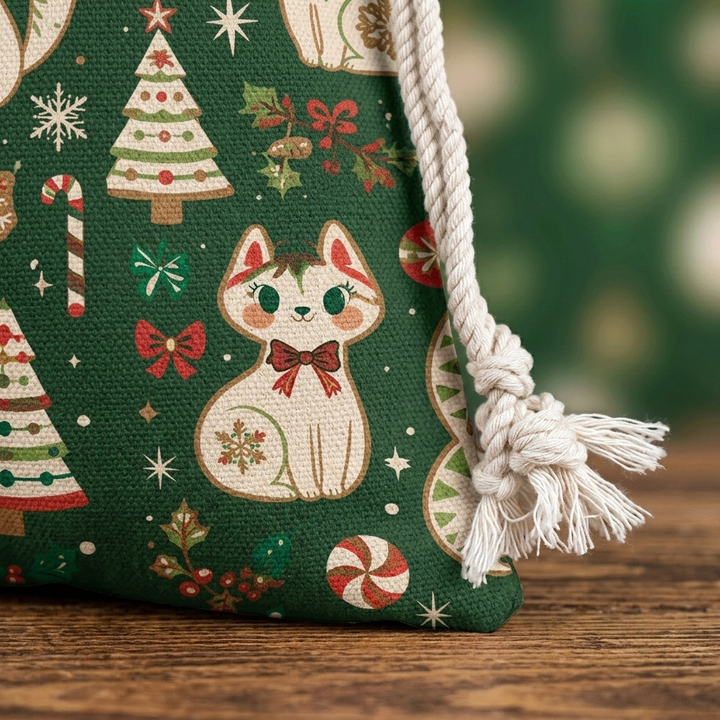 Vintage Christmas Cats Pattern Christmas Sack | Reusable Holiday Gift Bag