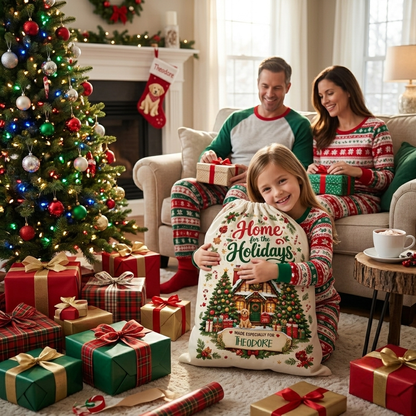 Personalized Home for the Holidays Christmas Sack, Custom Name Santa Gift Bag