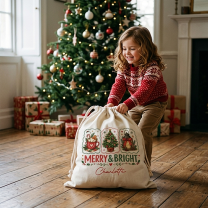 Personalized Merry & Bright Christmas Sack, Custom Name Santa Gift Bag