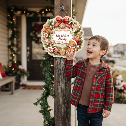 Personalized Gingerbread Wreath Custom Shape Wood Sign, Cute Christmas Door Hanger Custom Family Name Gingerbread Man & Cookie Wreath Wooden Plaque, Holiday Wall Decor & Family Gift