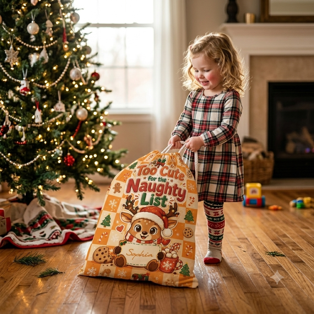 Personalized Too Cute for the Naughty List Christmas Sack with Custom Name