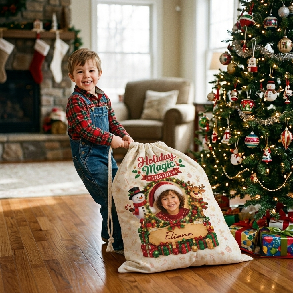 Personalized Holiday Magic Inside Christmas Sack, Custom Name Santa Gift Bag