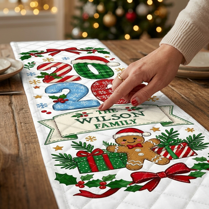 Personalized Family Name Christmas 2026 Quilt Table Runner, Custom Gingerbread Man & Presents Quilted Table Runner Decor, Festive Holiday Dining Room Table Topper