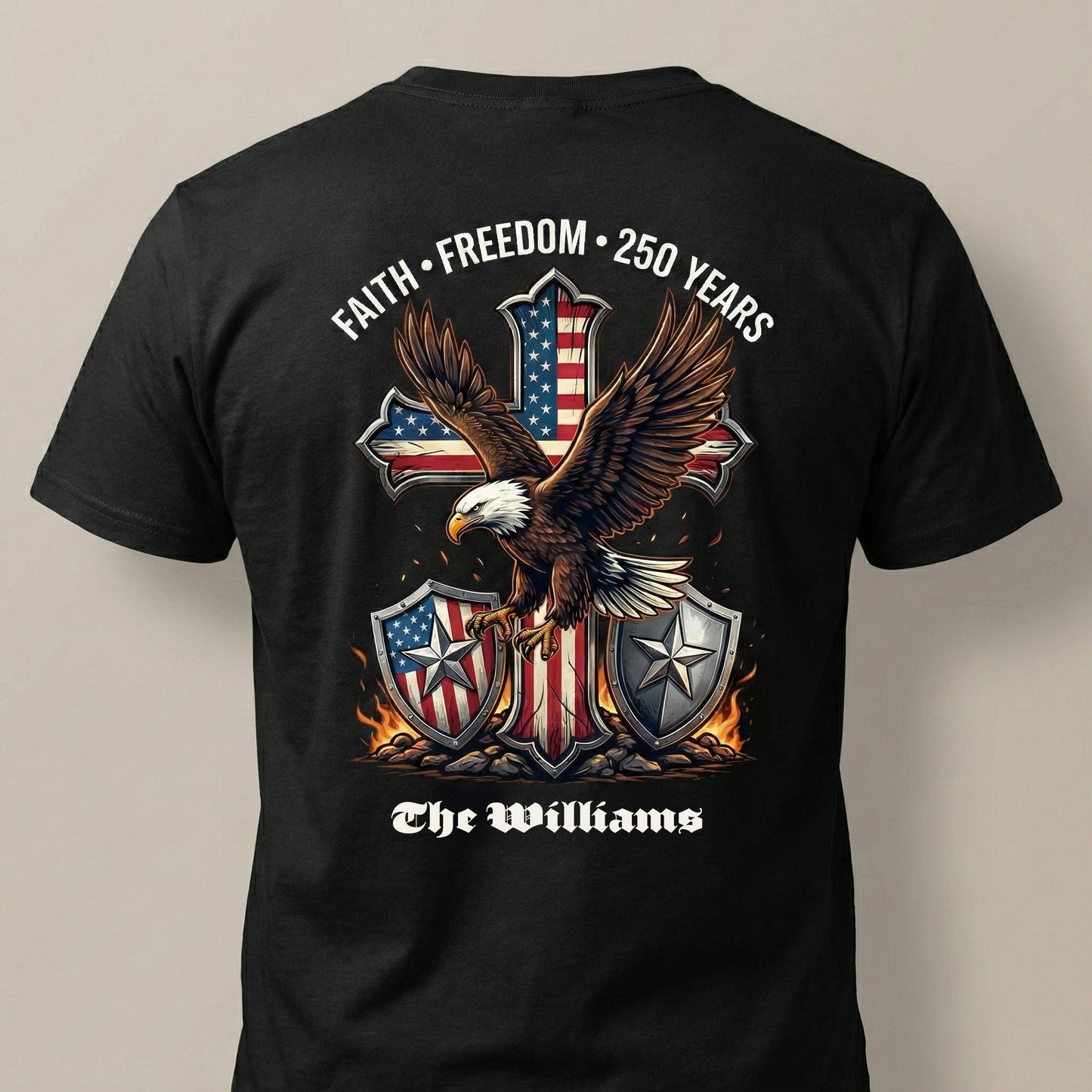 250 Years of Freedom Shirt 1776–2026 – Patriotic Eagle Cross Faith USA T-Shirt Personalized Name Tee