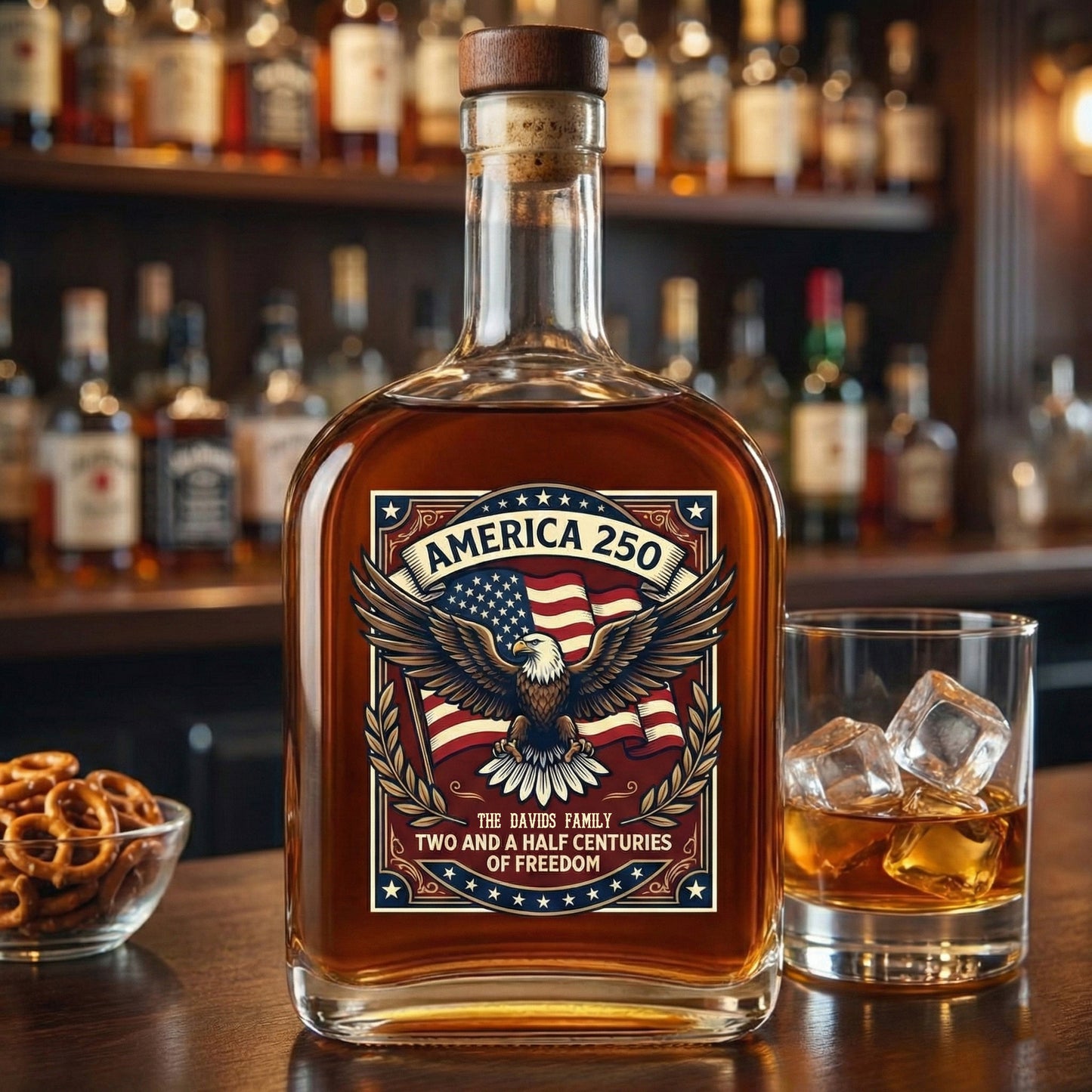 Faith, Family & Freedom America 250 Years Patriotic Whiskey Bottle
