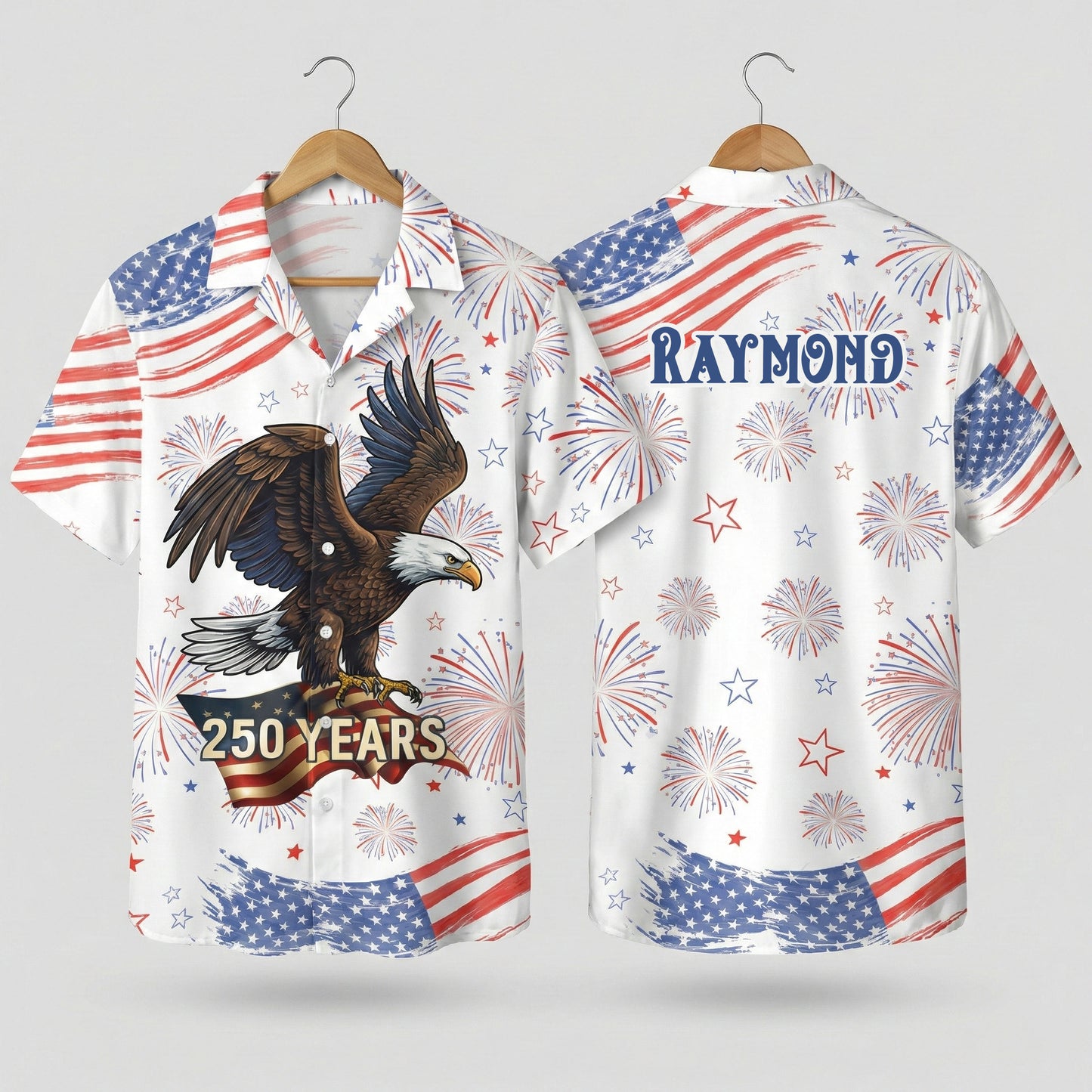 Personalized USA 250 Years Hawaiian Shirt – Patriotic Bald Eagle Fireworks Independence Shirt