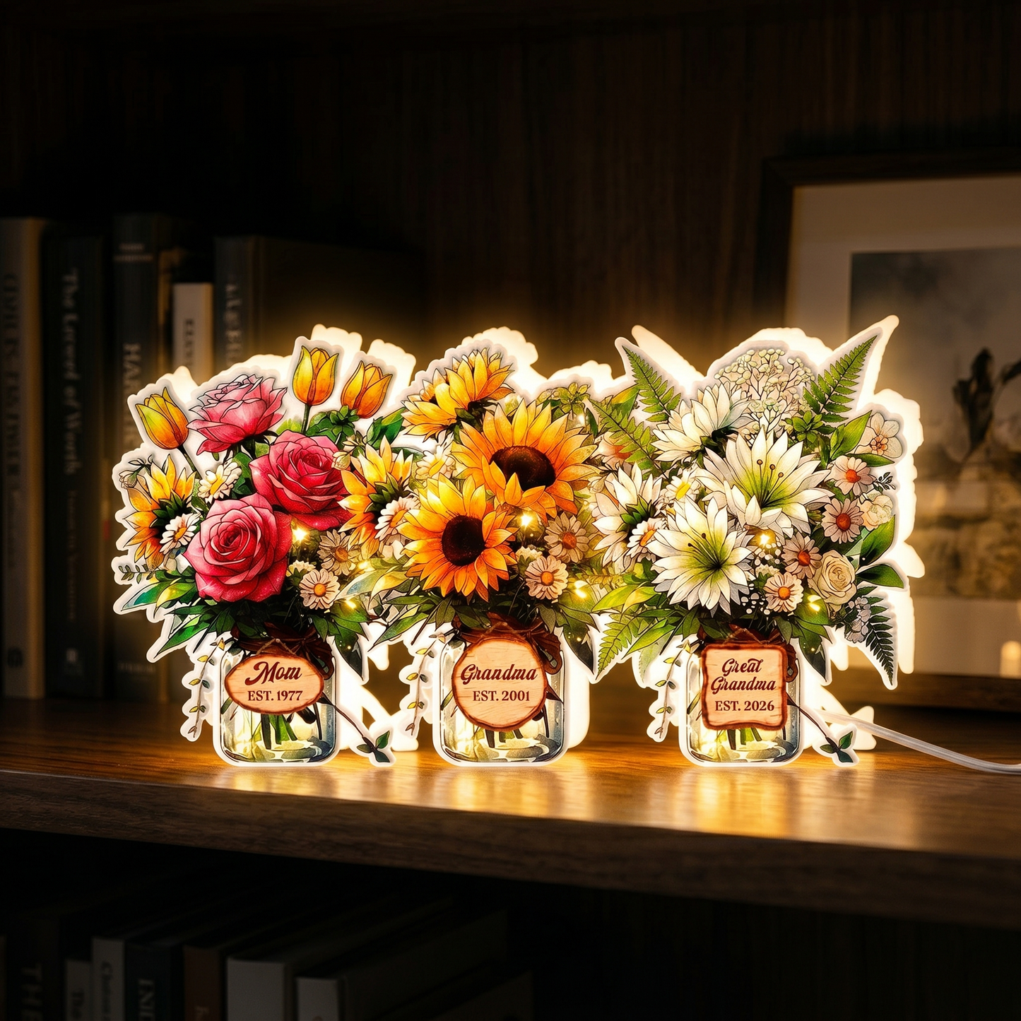 Personalized Mom and Child Flower Vase Night Light Box – Custom Acrylic LED Sign – Mother’s Day Gift
