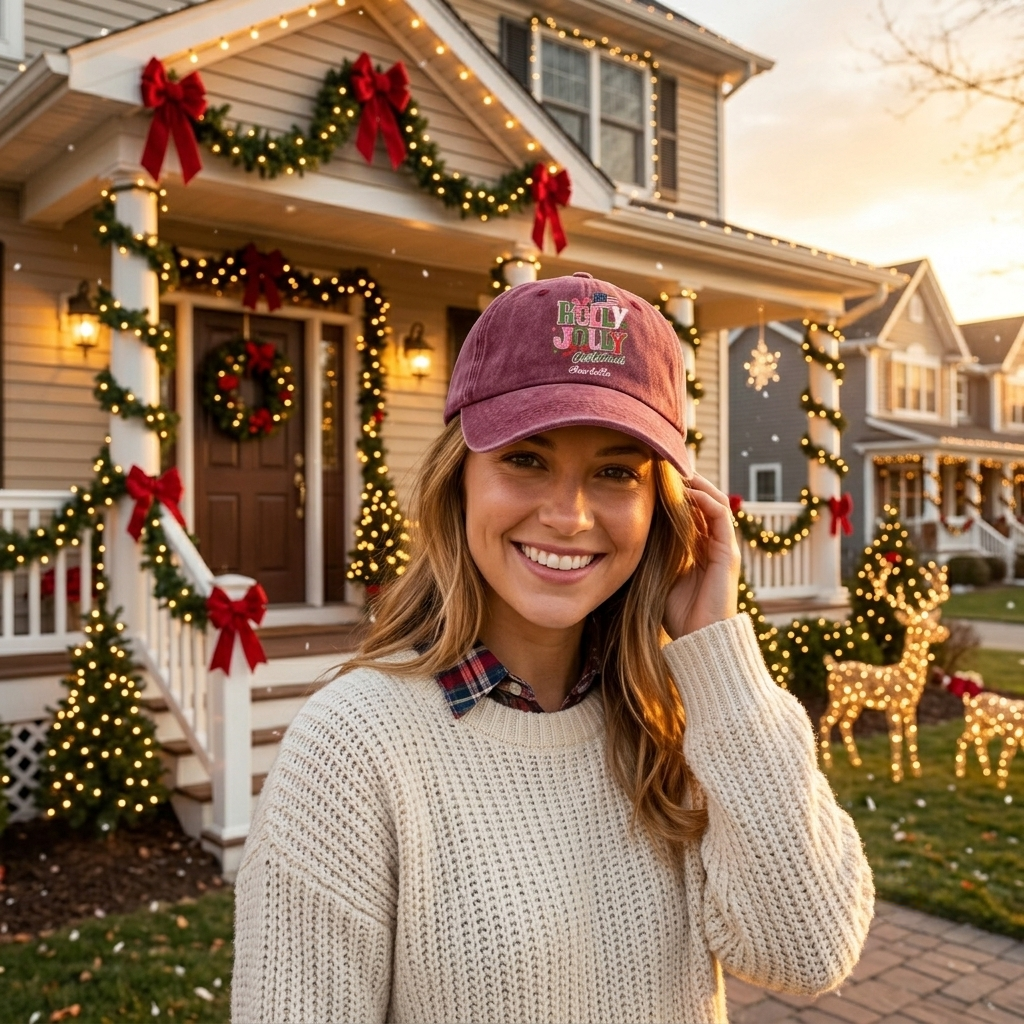 Holly Jolly Christmas Personalized Embroidered Baseball Cap, Custom Name Holiday Hat
