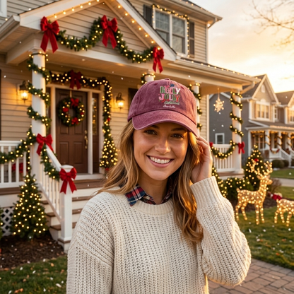 Holly Jolly Christmas Personalized Embroidered Baseball Cap, Custom Name Holiday Hat